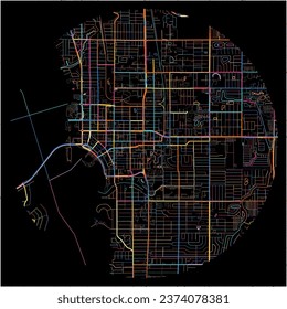 Mapa de Sarasota, Florida con todos los caminos principales y menores, ferrocarriles y vías fluviales. Coloridas líneas de arte sobre fondo negro.