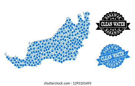 Map of Sarawak vector mosaic and clean water grunge stamp. Map of Sarawak designed with blue aqua tears. Seal with grunge rubber texture for clean drinking water.