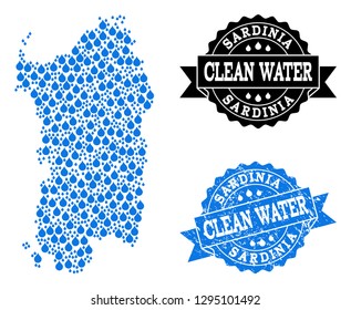 Map of Sardinia region vector mosaic and clean water grunge stamp. Map of Sardinia region formed with blue aqua raindrops. Seal with grunge rubber texture for clean drinking water.