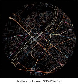 Map of Sartrouville, Yvelines with all major and minor roads, railways and waterways. Colorful line art on black background.