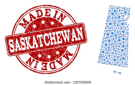 Map of Saskatchewan Province vector mosaic and Made In grunge stamp. Map of Saskatchewan Province created with blue gear relations. Made in red seal with grunge rubber texture.