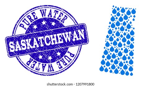 Map of Saskatchewan Province vector mosaic and Pure Water grunge stamp. Map of Saskatchewan Province created with blue liquid raindrops. Seal with grunge rubber texture for pure drinking water.