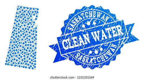 Map of Saskatchewan Province vector mosaic and clean water grunge stamp. Map of Saskatchewan Province created with blue liquid tears. Seal with grunge rubber texture for clean drinking water.