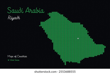 The map of Saudi Arabia with the capital Riyadh is depicted in a knitted pattern. Woolen ornament	