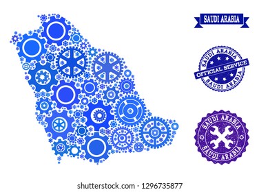 Map of Saudi Arabia created with blue cog symbols, and isolated grunge stamps for official repair services. Vector abstract mosaic of map of Saudi Arabia with job symbols in blue hues.