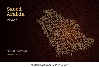 Un mapa de Arabia Saudita representado en ceros y unos en forma de círculo. La capital, Riad, se muestra en el centro del círculo	