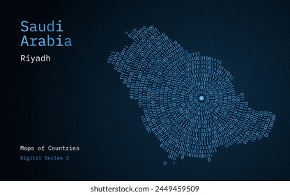 A map of Saudi Arabia depicted in zeros and ones in the form of a circle. The capital, Riyadh, is shown in the center of the circle	