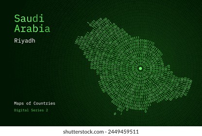 Un mapa de Arabia Saudita representado en ceros y unos en forma de círculo. La capital, Riad, se muestra en el centro del círculo	