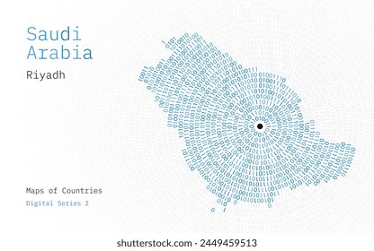 A map of Saudi Arabia depicted in zeros and ones in the form of a circle. The capital, Riyadh, is shown in the center of the circle	