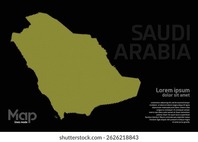 Mapa da Arábia Saudita com linhas geográficas amarelas, isoladas sobre um fundo preto. Perfeito para vários projetos de design