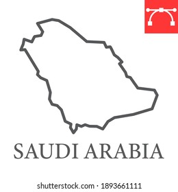 Mapa del icono de línea de Arabia Saudita, país y geografía, mapa saudita de arabia señalización gráficos vectores, icono lineal de trazo editable, eps 10