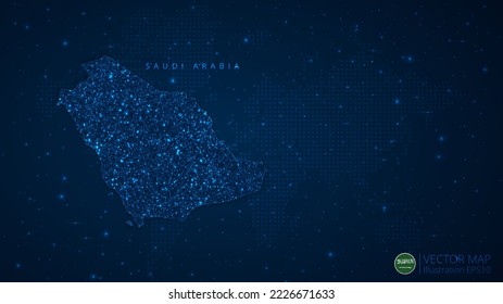 Mapa del diseño moderno de Arabia Saudita con formas poligonales sobre fondo azul oscuro. Esferas de malla de alambre de negocios a partir de escombros voladores. Concepto de ilustración vectorial de estilo de estructura azul.