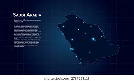 Map of Saudi Arabia. Neon lights on dark background highlighting the major cities. Illustration of the digital map in blue. Technological connectivity of the geographic area