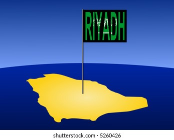 map of Saudi Arabia with position of Riyadh marked by flag pole illustration