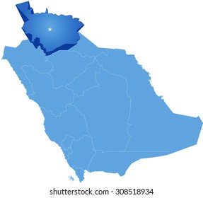 Map of Saudi Arabia, the region Al Jawf is pulled out, isolated on white background