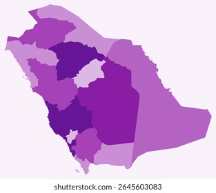 Kaart van Saoedi-Arabië met regio's. Gewoon een eenvoudige landgrens kaart met regio divisie. Paars kleurenpalet. Duidelijke Saoedi-Arabië vorm met administratieve indeling. Vectorillustratie.