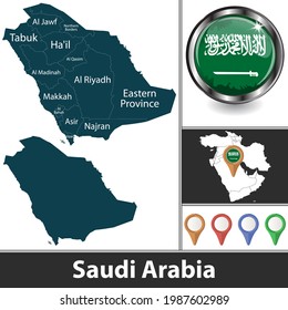 Map of Saudi Arabia with regions and location on map of West Asia. Vector image