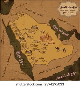 Map of Saudi Arabia in retro fantasy style.