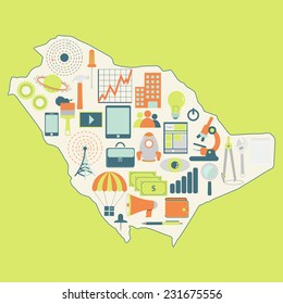 Map of Saudi Arabia with technology icons. Contour map of Saudi Arabia with icons of technology, business, science, communication