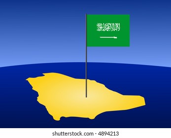 map of Saudi Arabia and their flag on pole illustration