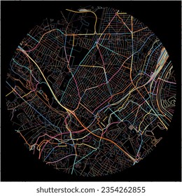 Map of Savigny-sur-Orge, Essonne with all major and minor roads, railways and waterways. Colorful line art on black background.