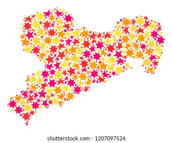 Map of Saxony map formed with colored flat stars. Vector colored geographic abstraction of map of Saxony map with red, yellow, orange stars. Festive collage design for Xmas illustrations.