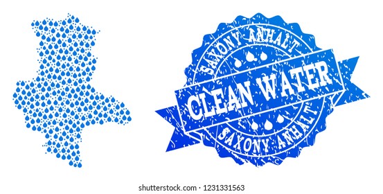 Map of Saxony-Anhalt State vector mosaic and clean water grunge stamp. Map of Saxony-Anhalt State composed with blue water dews. Seal with grunge rubber texture for pure drinking water.