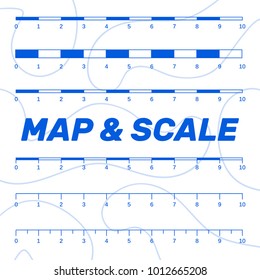 Map scales graphics for measuring distances. Scale measure map vector. Latitude and longitude distance
