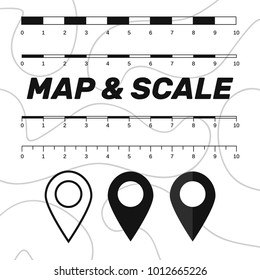 Map scales graphics for measuring distances. Scale measure map vector. Latitude and longitude distance