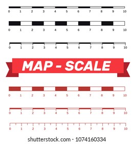 Map scales graphics for measuring distances. Scale measure map vector. Latitude and longitude distance