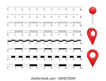 Map scales graphics for measuring distances. Vector stock illustration.