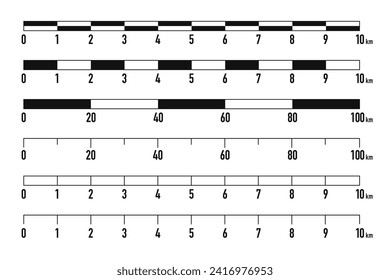 Map scales graphics for measuring distances . Set of metric rulers in flat style. Measuring scales. Mathematical ratio or fraction, unit of measurement on the ground. Vector illustration