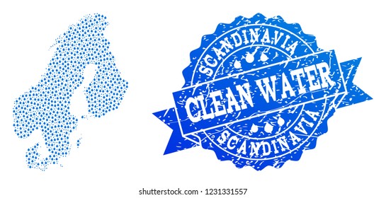 Map of Scandinavia vector mosaic and clean water grunge stamp. Map of Scandinavia formed with blue water raindrops. Seal with distress rubber texture for clear drinking water.