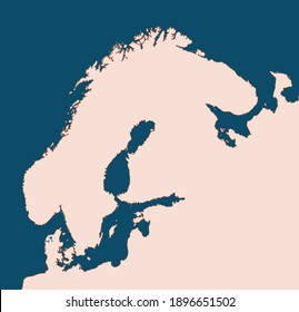 Map of Scandinavian Peninsular, Northland. Vector isolated illustration based on real geographical map. Template for making maps. Beautifully can be zoomed in, showing waves of the coast outline. 