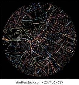 Map of Schenectady, New York with all major and minor roads, railways and waterways. Colorful line art on black background.