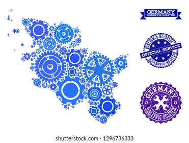Map of Schleswig-Holstein State created with blue wheel symbols, and isolated scratched watermarks for official repair services.