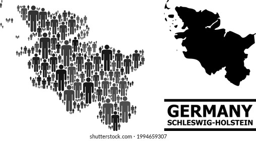 Map of Schleswig-Holstein State for politics applications. Vector nation collage. Collage map of Schleswig-Holstein State constructed of men icons. Demographic concept in dark grey color tinges.