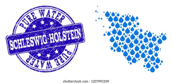 Map of Schleswig-Holstein State vector mosaic and Pure Water grunge stamp. Map of Schleswig-Holstein State created with blue water tears. Seal with scratched rubber texture for pure drinking water.