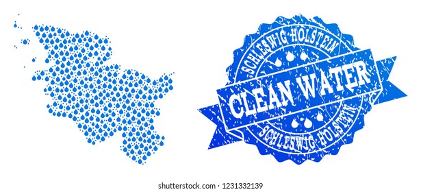 Map of Schleswig-Holstein State vector mosaic and clean water grunge stamp. Map of Schleswig-Holstein State formed with blue aqua dews. Seal with grunge rubber texture for clear drinking water.