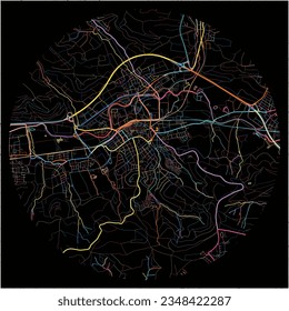 Map of Schorndorf, Baden-Wuerttemberg with all major and minor roads, railways and waterways. Colorful line art on black background.