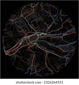 Map of SchwabischGmund, Baden-Wuerttemberg with all major and minor roads, railways and waterways. Colorful line art on black background.