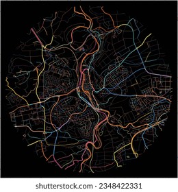 Map of SchwabischHall, Baden-Wuerttemberg with all major and minor roads, railways and waterways. Colorful line art on black background.