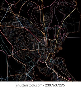 Map of Schwerin, Mecklenburg-Western Pomerania with all major and minor roads, railways and waterways. Colorful line art on black background.