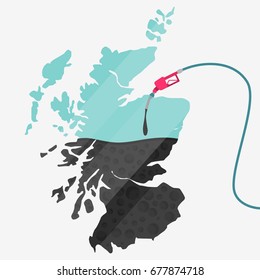 Map of Scotland being fueled by oil. Gas pump fueled map. On the map there is glass reflection. Conceptual. Oil producing or importing countries.