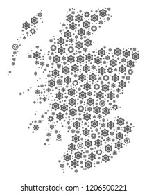 Map of Scotland composed with gray cog symbols. Vector abstract mosaic of map of Scotland with job symbols. Engineering flat design for industry applications.