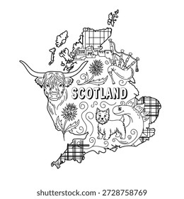 A map of Scotland in a hand-drawn style. Vector outline featuring a Highland cow, bagpipes, thistle, and Nessie. Minimalistic black outline on a white background. Perfect for souvenirs and coloring books.