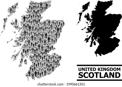 Map of Scotland for national applications. Vector demographics collage. Collage map of Scotland done of social items. Demographic concept in dark grey color tints.