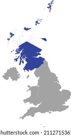 Map of Scotland with national flag within the gray map of United Kingdom
