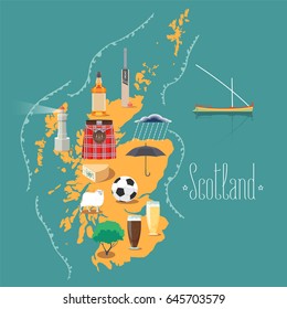 Map of Scotland vector illustration, design element. Icons with Scottish landmarks, famous cultural objects, whiskey, football