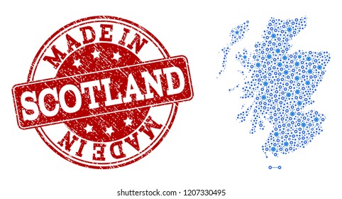 Map of Scotland vector mosaic and Made In grunge stamp. Map of Scotland composed with blue cog links. Made in red seal with grunge rubber texture.